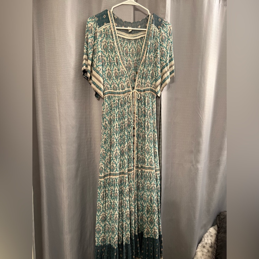 Bohemian Teal Patterned Maxi Dress with Tie Waist